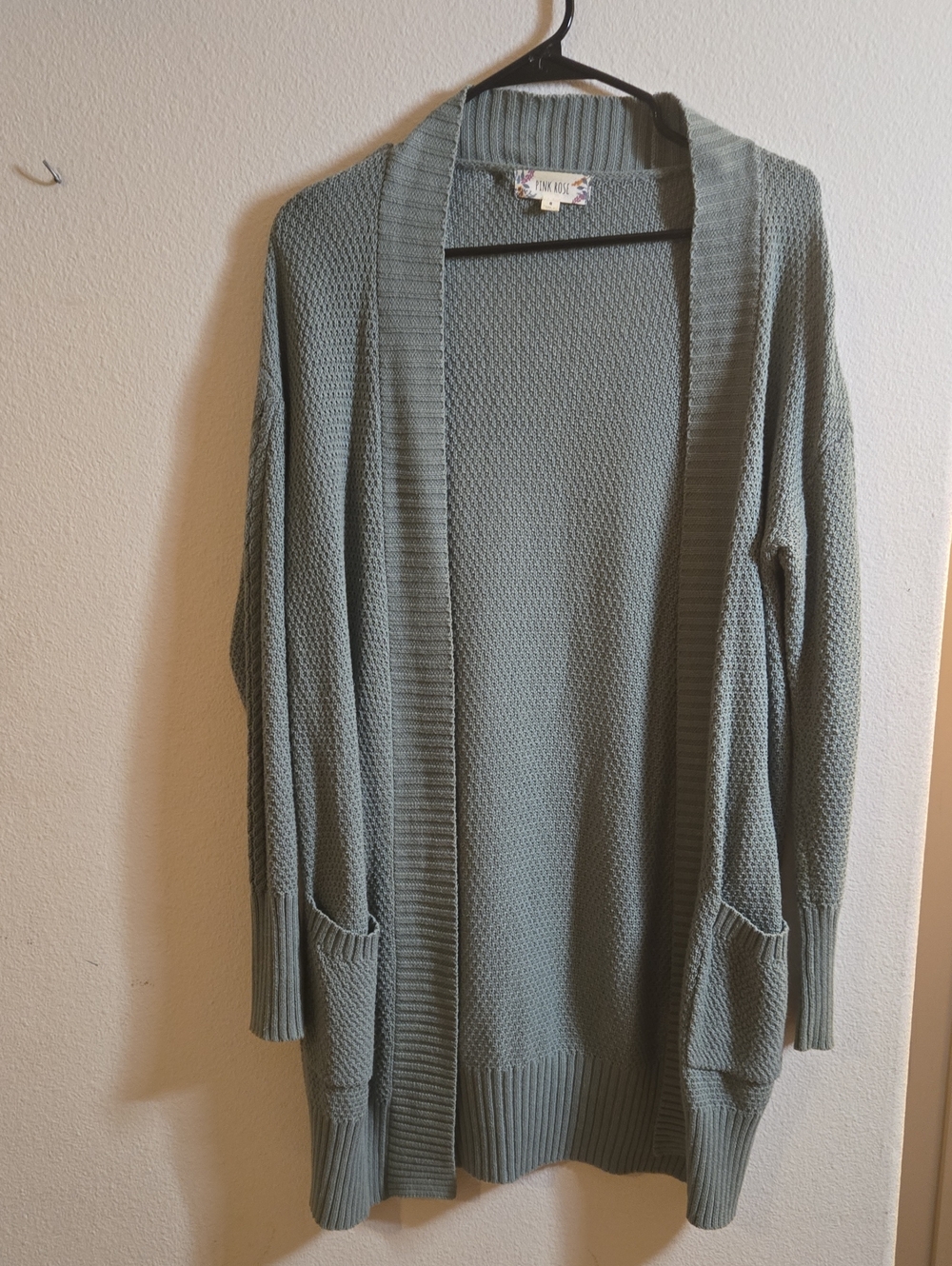 Pink Rose Open-Front Sage Green Knit Cardigan